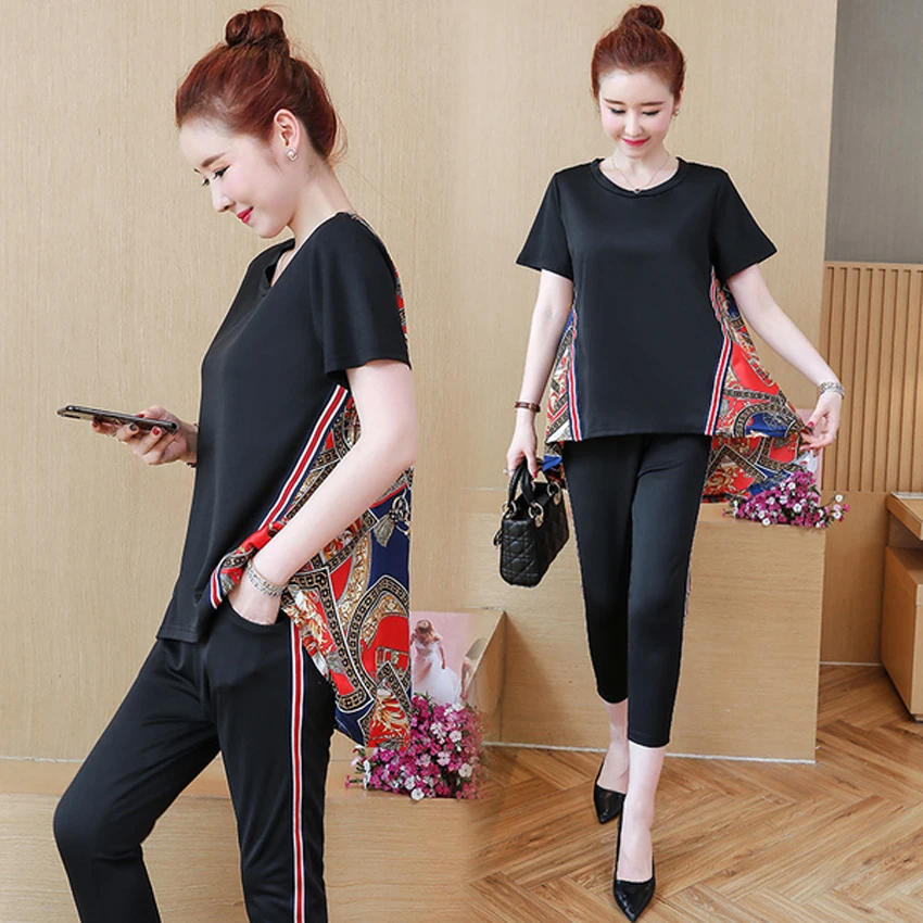 

Plus Size 2 Piece Set Women Pant and Top 3xl 4xl 5xl 2019 Summer Black Outfit Tracksuit Sportswear Print Co-ord Set Clothing