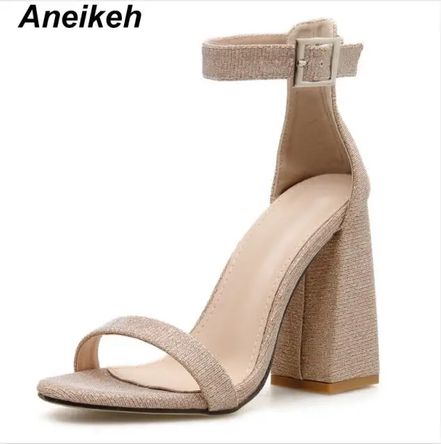 Aneikeh/ г. классические искусственные женские сандалии однотонные летние туфли на высоком квадратном каблуке с пряжкой и ремешком, с круглым носком, на квадратном каблуке, бледно-золотистый цвет, 35-42 - Цвет: Gold