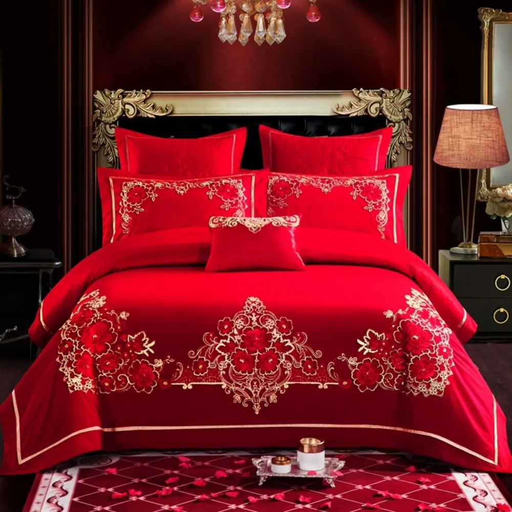 

Wedding Luxury Satin Jacquard Bedding sets Embroidery Bedding Sets Dragon Chinese Red Duvet Cover Bed Sheet Pillowcases Rose