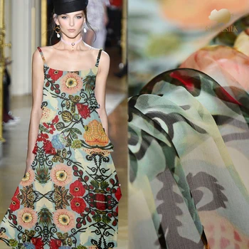

Retro garden digital inkjet silk smooth fabric 5mm light silk fabric transparent breathable dress scarf silk tulle fabric cloth