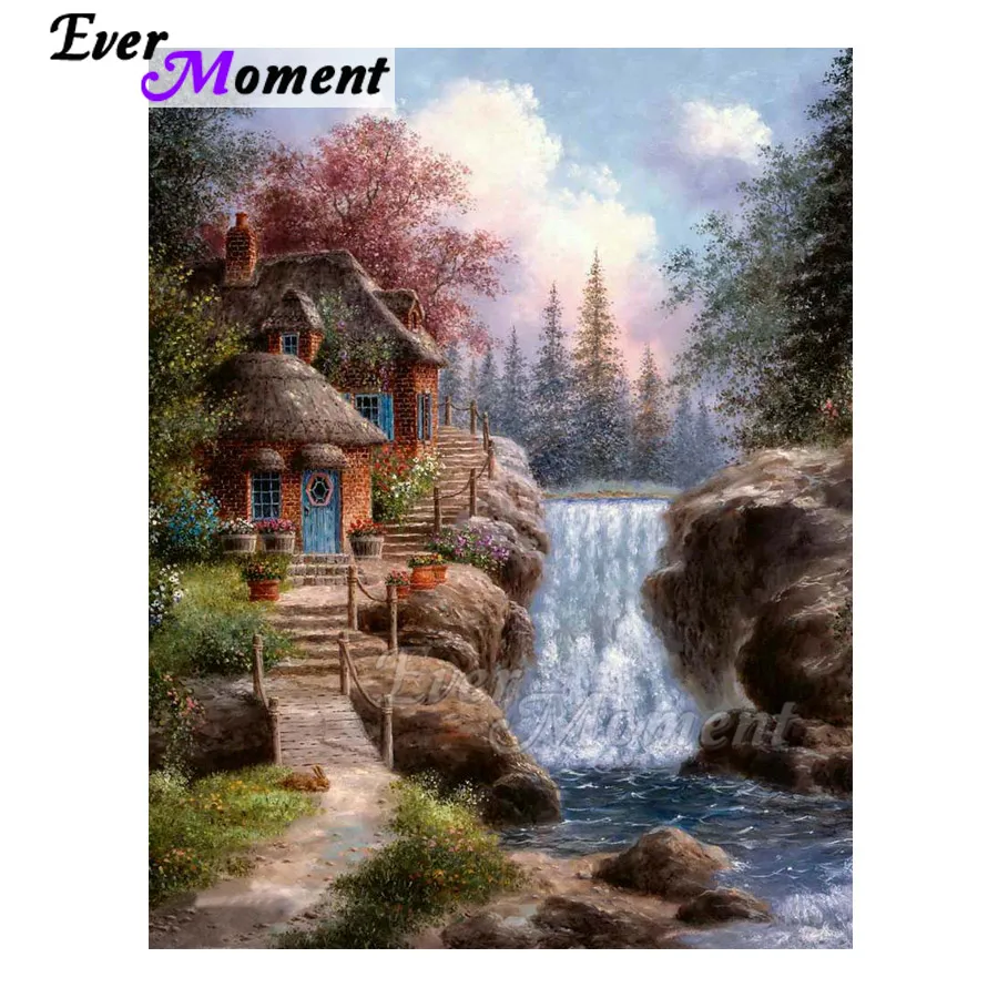 

Ever Moment Diamond Painting Handmade Square 5D DIY House Tree Waterfall Scenery Picture Of Rhinestone Diamond Embroidery 3F780