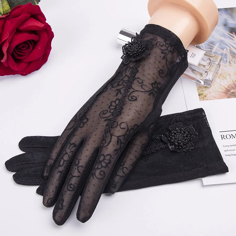 Сенсорный экран для женщин летние перчатки для водителя анти УФ скольжение полный палец Короткие наручные кружева марлевые весенние женские Вечерние перчатки - Цвет: Big Floral Black