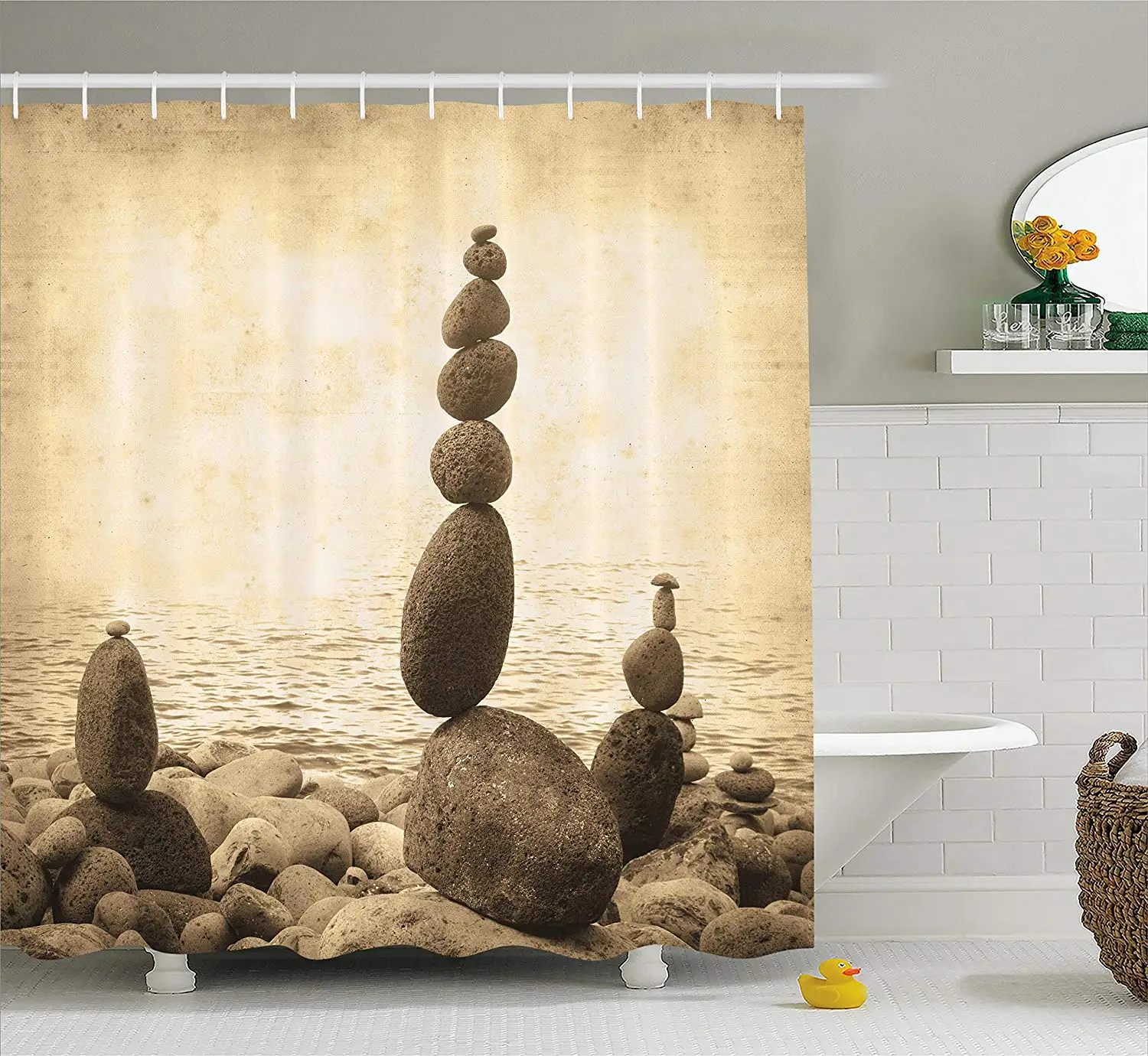 Ocean Shower Curtain Set Grunge Style Coastal Shore Calm Water Zen Print Sepia Big Small Rocks