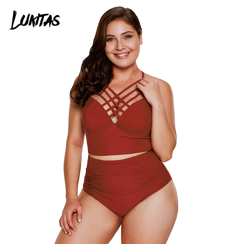 

LUKITAS Women Sexy V-neck 2pcs Swimwear Bikini Push Up Quick Dry Solid Plus Size 3XL High Waist Bathing Holiday Beachwear Suit