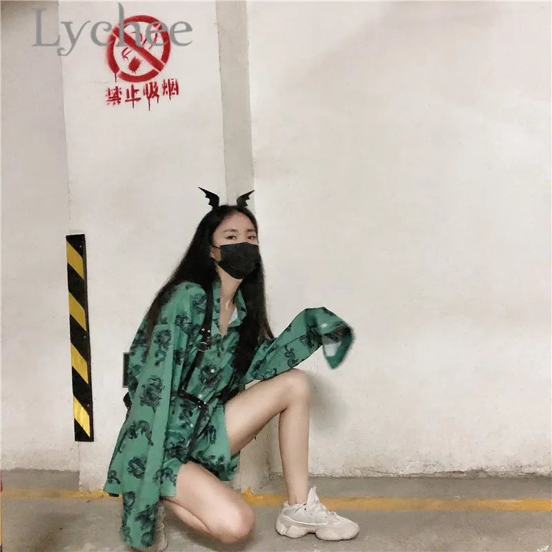  Lychee Harajuku Dragon Print Women Blouse Shirt Turn Down Collar Long Sleeve Summer Spring Loose Co