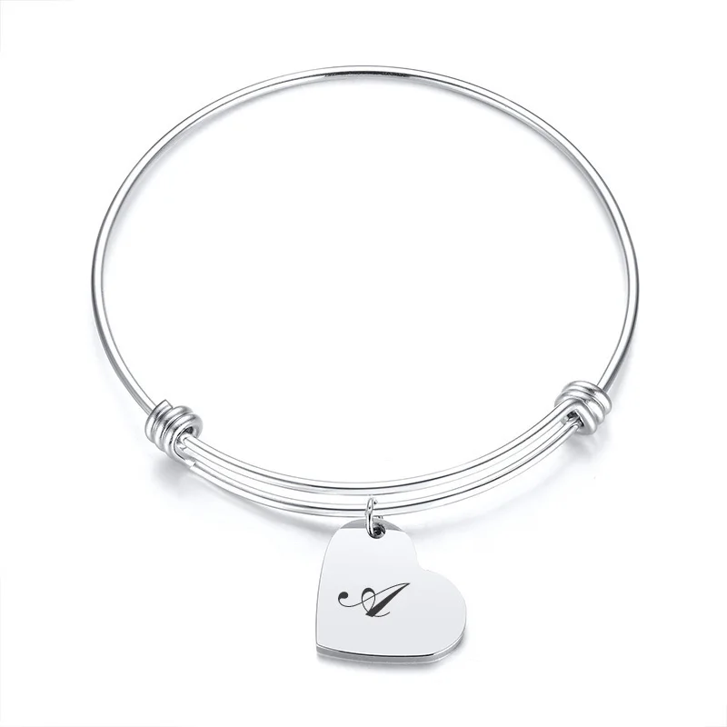 

Personalise Expandable Wire Bracelet Bangle with Heart Charm in Silver Tone Stainless Steel Adjustable Inspirational Jewelry