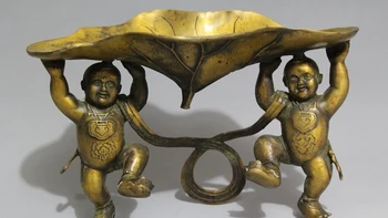 

10" Chinese Bronze Folk Feng Shui Tong Zi Two Boy Lad lotus leaf Statue ashtray