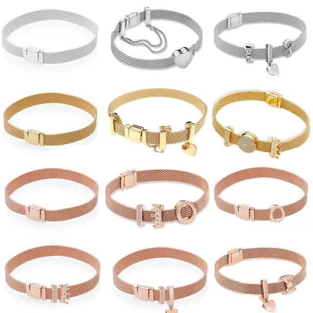 2018 Real 925 Sterling Silver Gold Rose Original Reflexions Pandora Bracelet Gift Set For Women Bead
