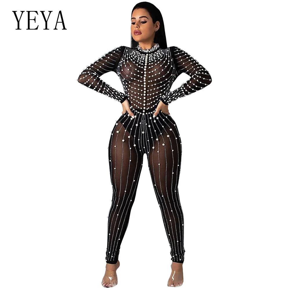 YEYA Women Beaded Embellish Sexy Overalls Black Glitter Rhinestones Mesh See Through Jumpsuit Bodysuits Elegant Party Catsuit