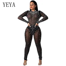 YEYA Women Beaded Embellish Sexy Overalls Black Glitter Rhinestones Mesh See Through Jumpsuit Bodysuits Elegant Party Catsuit