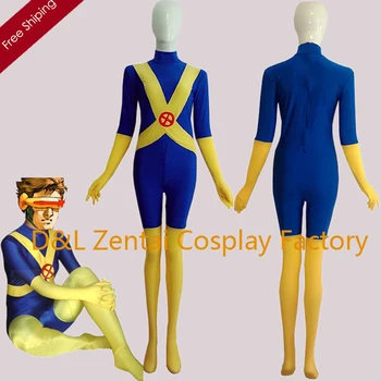 

Free Shipping DHL X-men Super Hero Costume Blue And Yellow Lycra Spandex Cyclops Zentai Catsuits SH1304