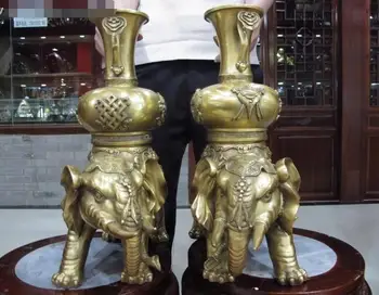 

17" Palace Copper Brass Feng Shui Elephant treasures bottle Vase Pair