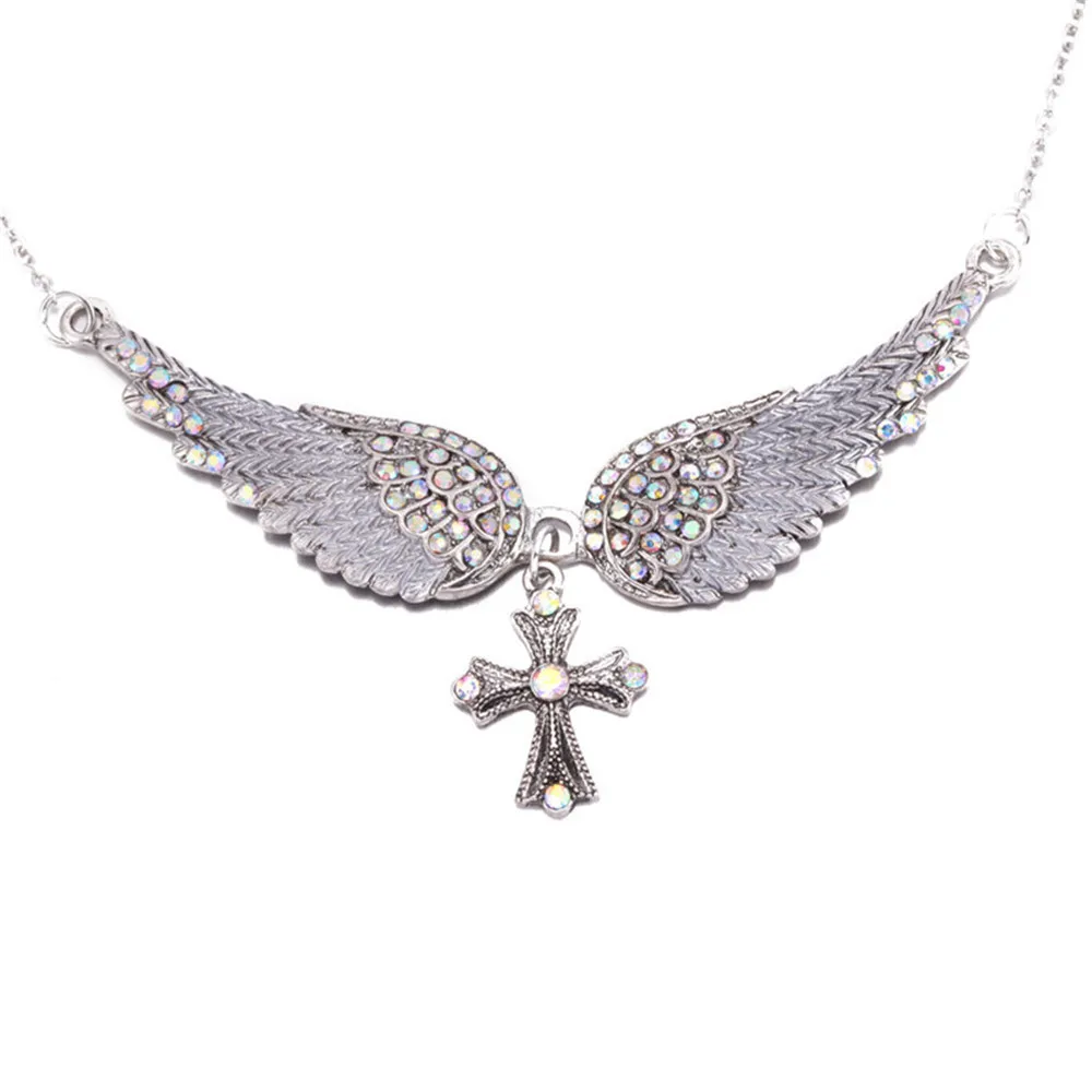 

Cross Angel Wing Pendant Necklace for Women Crystal Adjustable Antique Silver Plated dropshipping
