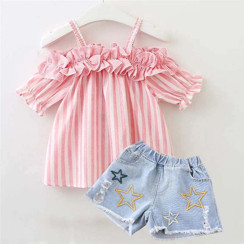 Kid Clothes Girls Clothes Stripe Pleated T-shirt+Denim Shorts Set Vetement Enfant Fille Teenage Girls Clothing Girls Outfits2019 Kid Clothes Girls Clothes Stripe Pleated T-shirt+Denim Shorts Set Vetement Enfant Fille Teenage Girls Clothing Girls Outfits2019