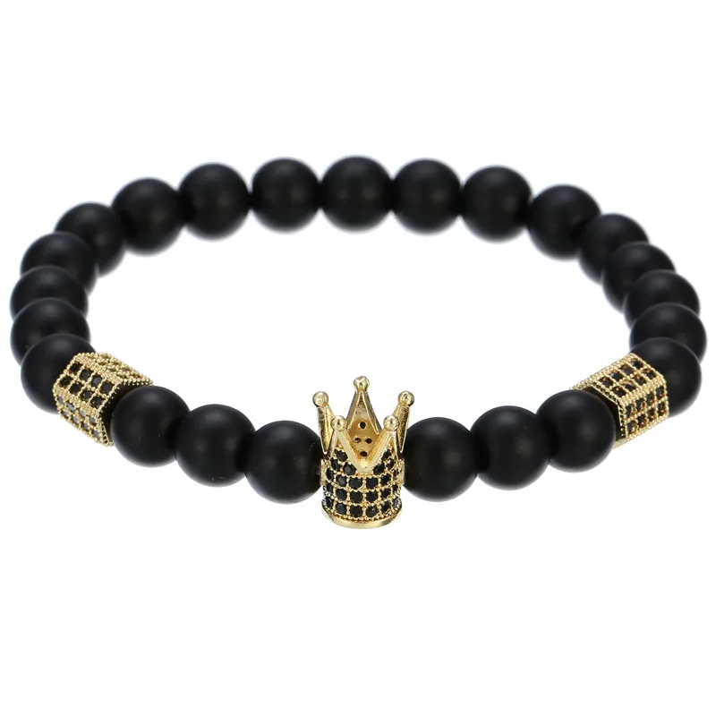 

2019 Fashion Classic Pave CZ Crown & Hexagon Charm Bracelet Black Matte Stone Beads Bracelets & Bangles For Men Women Jewelry