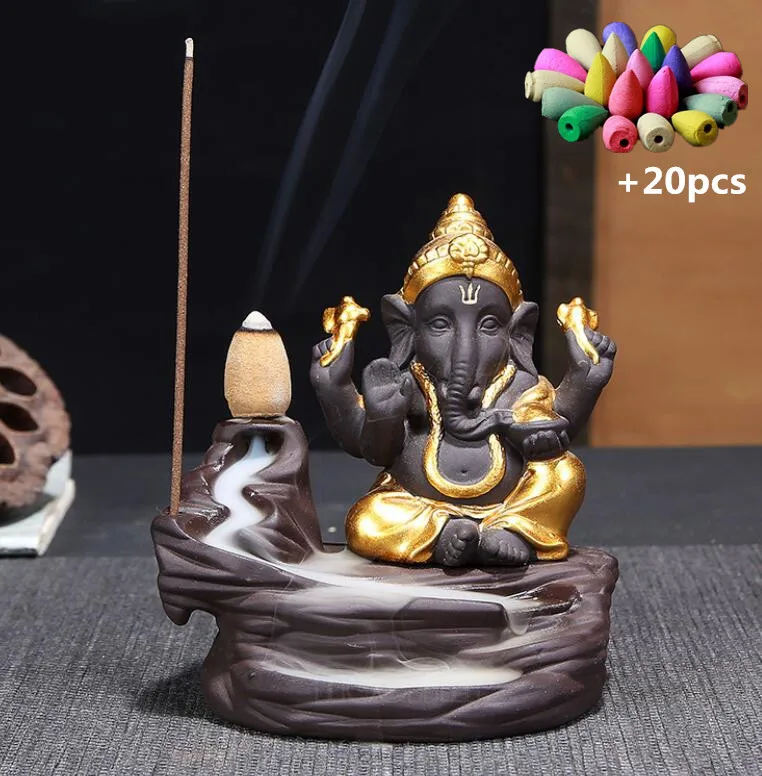 NOOLIM Ganesha курильница для благовоний горелка Бог слон эмблема благоприятный и успех керамическая конусная кадильница домашний декор с 20 шт. конусов - Цвет: Gold C -Mixed