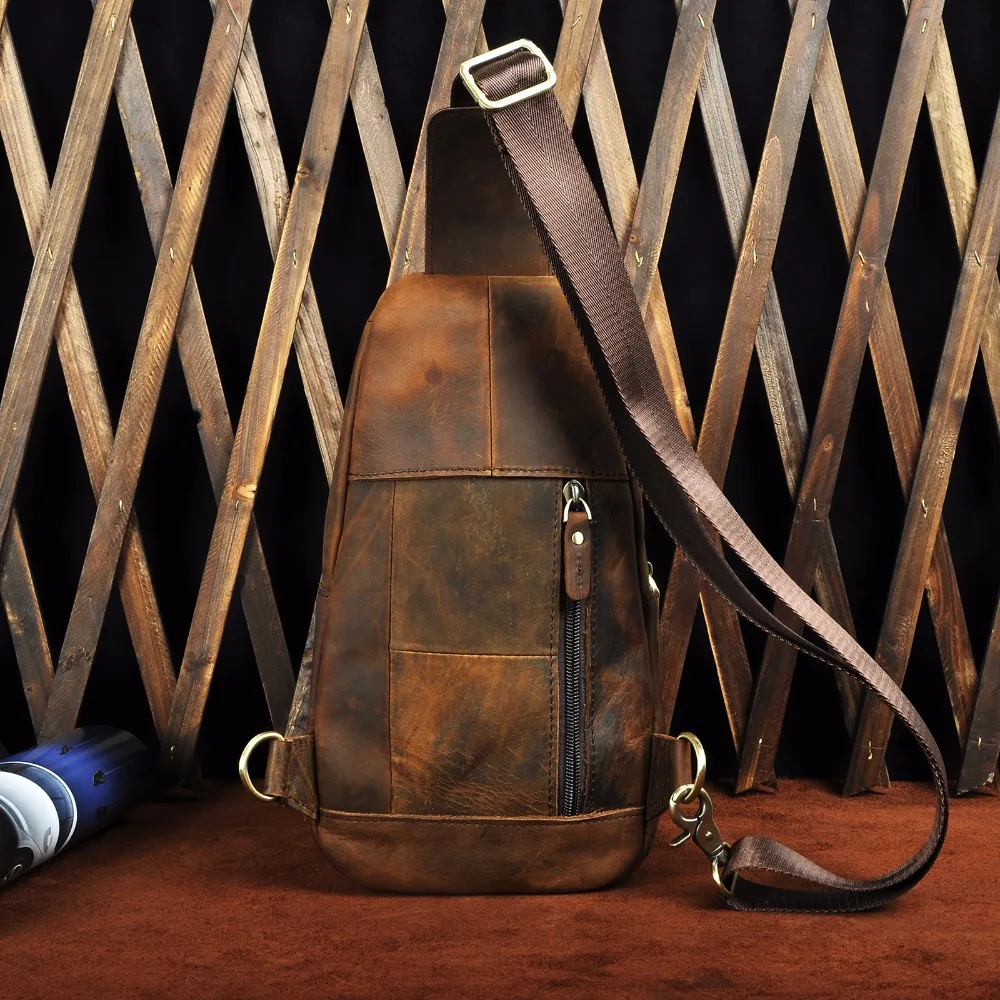 US $26.46 Men Quality Cow Leather Casual Fashion Triangle Crossbody Chest Sling Bag Design Travel One Shoulder Bag Daypack Male 8013