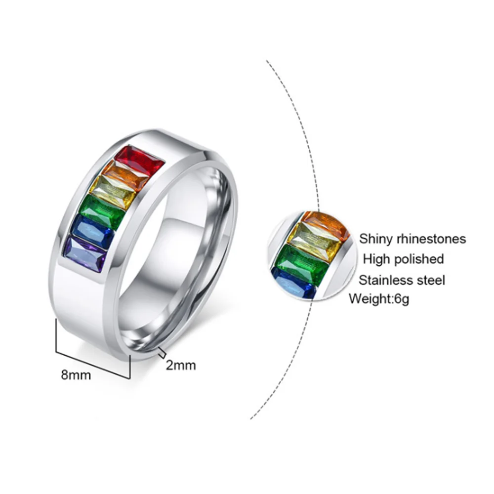 Stainless Steel Rainbow Cubic Zirconia Pride Wedding Band Rings Jewelry Lovers Couple Valentine's Day Gift Rings Hot Sale