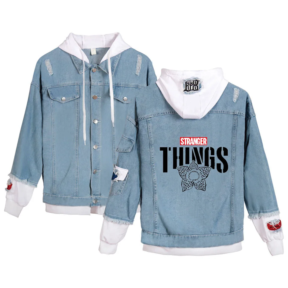 

Stranger things 3 Denim Jacket Hooded Jean Coat Adult Cosplay Pullovercoat