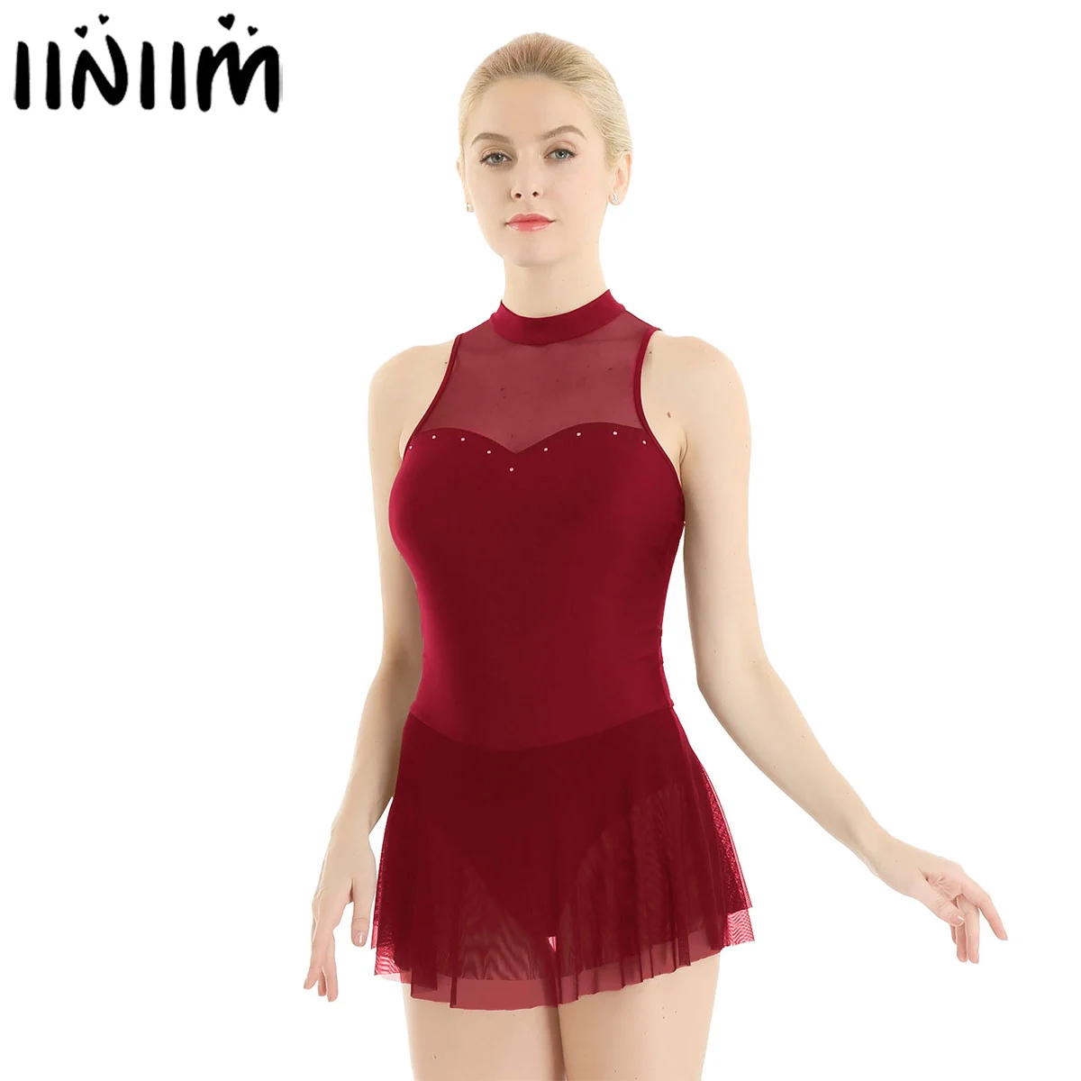 

Women Adult Mesh Splice Skating Dancing Ballerina Costume High Neck with Built-in Leotard Bodysuit Ballet Dance Gymnastics Dress