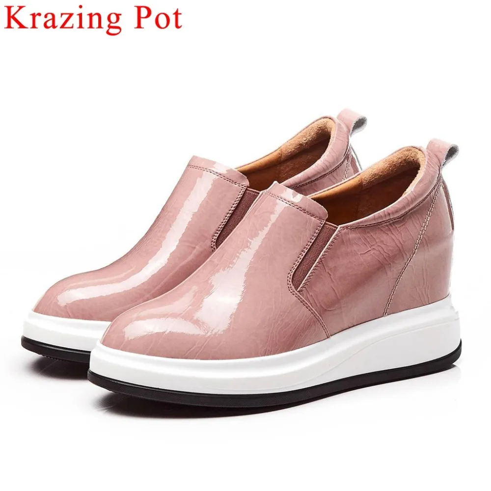 

Krazing Pot new arrival comcortable concise full grain leather round toe slip on loafers platform increased vulcanized shoes L18