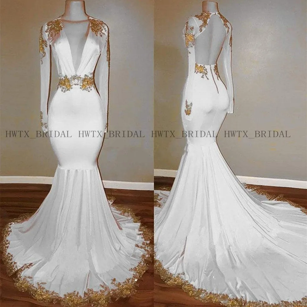 

Long Prom Dresses 2019 Sexy Mermaid V-Neck Backless Long Sleeve Gold Lace White Elastic Satin Evening Dress Vestidos de fiesta