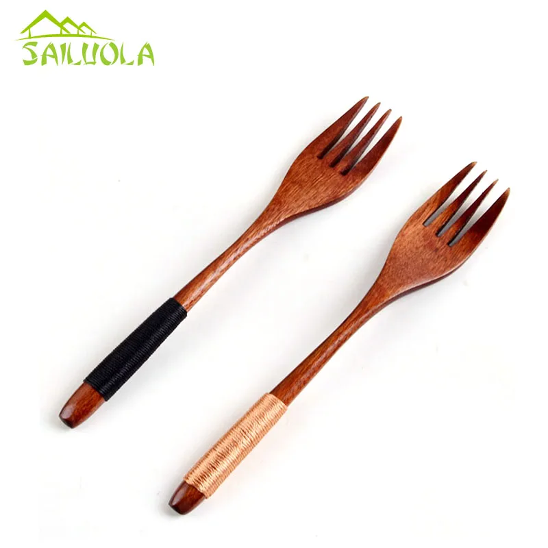 

2pcs/lot Japanese style new creative design wooden fruit fork set long handle salad fork noodle tableware kitchenware