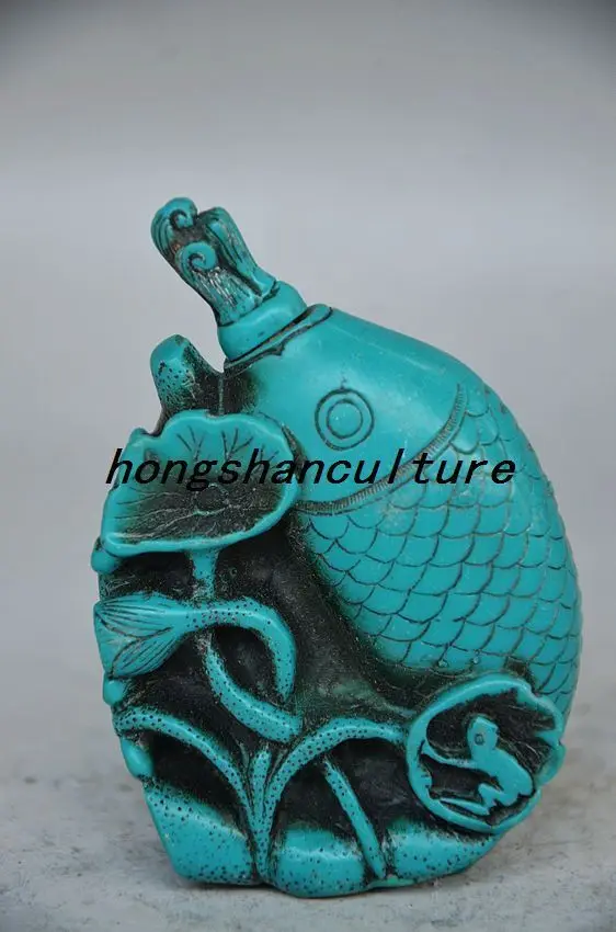 

EXQUISITE CHINESE TURQUOISE HANDMADE FISH AND LOTUS LEAF SNUFF BOTTLE