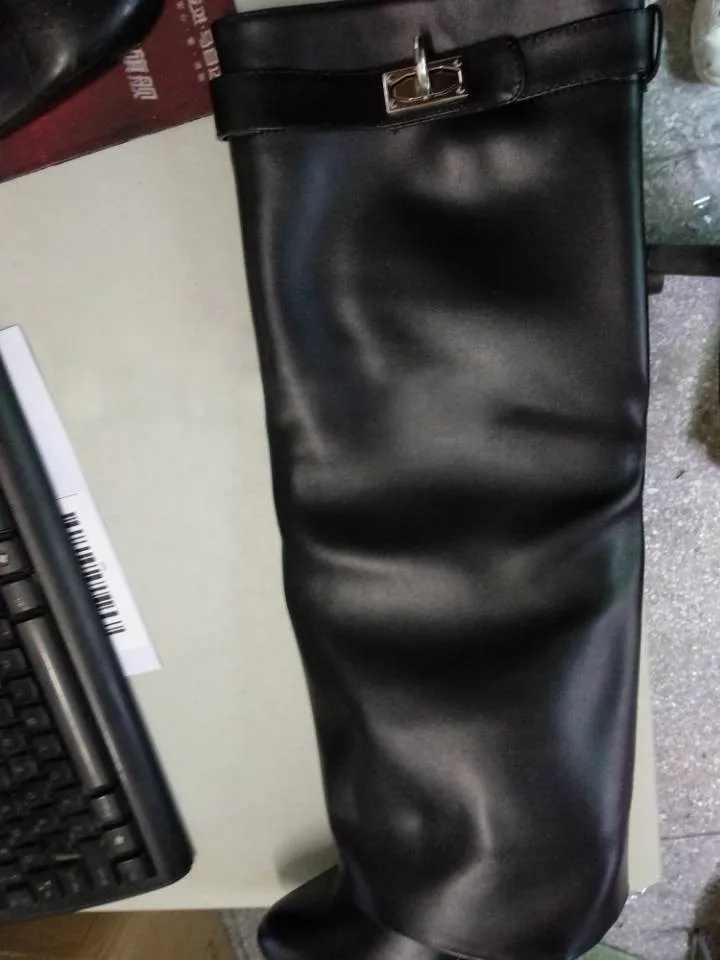 Fashion Women Genuine Leather Wedge Knee High Boots Silver Metal Shark Lock Belt Layer Shoes High Heels Knight Boots Size 35-42