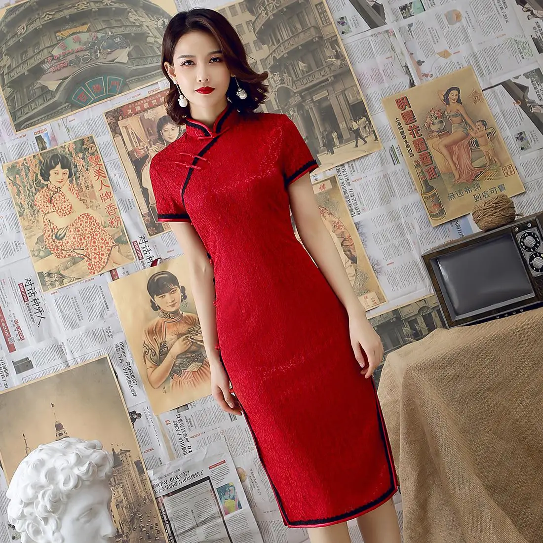 Новинка короткое Кружевное китайское традиционное женское Qipao Большие размеры 3XL Vestidso элегантное вечернее платье сексуальное женское Ципао S-95 - Цвет: Burgundy