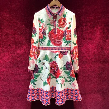 

2019 Spring Summer New Women Runway Dress Elegant Jacquard Dresses Women's High Quality Long Sleeve Floral Print Short Dresses