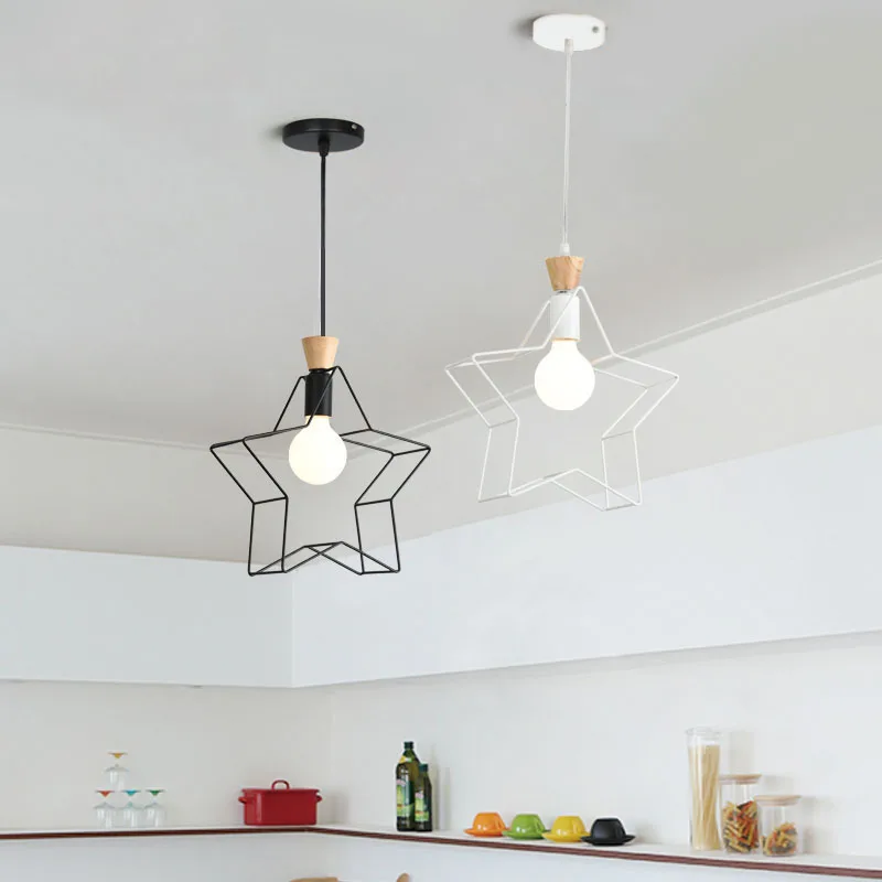Nordic Cute Star Pendant Light Hanging Kid's Room Wood Light Kitchen Living Room Star Pendant Lamp Indoor Lights (2)