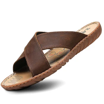 Summer Men's Genuine Leather Cross Strap Slippers
