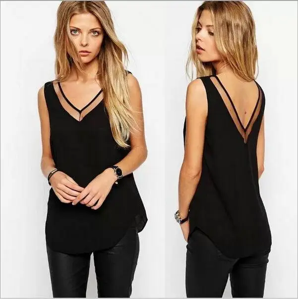 Women Chiffon Sexy Blouses Shirts 2017 Ladies V Neck Sleeveless Casual Blusas Mesh Splice See Through Slim Top Plus Size |