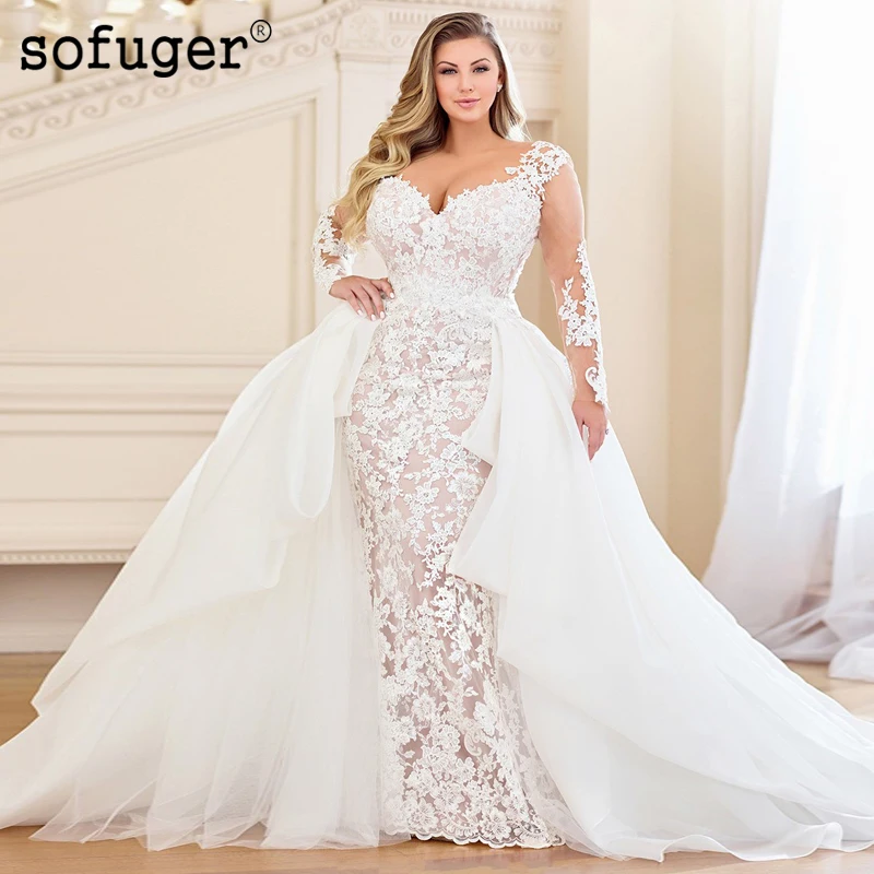 

2019 Luxury Muslim Sweetheart Tulle Appliques Long Sleeves Backless Detachable Skirt Bridal Wedding Dresses Vestidos de Noivas