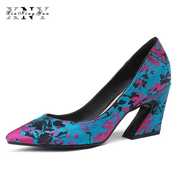 

xiuningyan Print Satin Thick High Heels Pumps Women Pointed Toe Footwear Shallow Shoes Female Party Shoes Woman Spring 2019 New