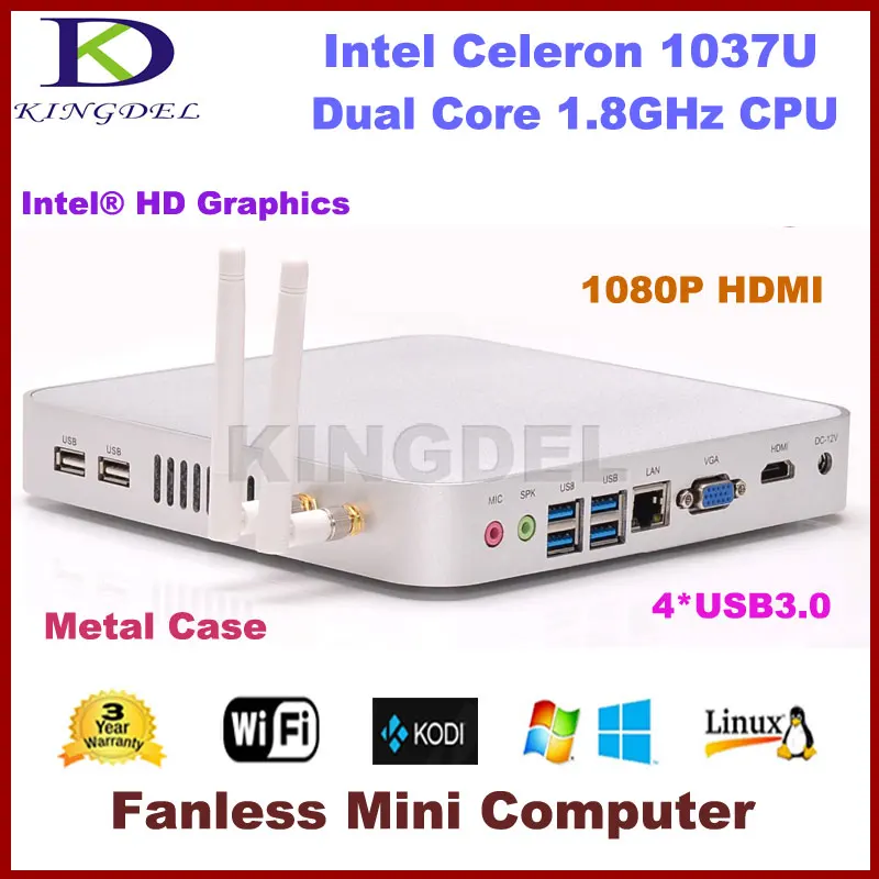 Intel Celeron 1037u тонкий клиент HTPC безвентиляторный мини настольный компьютер 2 ГБ Оперативная память 128 ГБ SSD 1080 P USB3.0 HDMI+ VGA двойной Дисплей