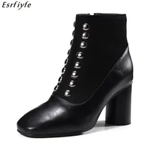 

ESRFIYFE New British Style Square Toe Black Winter Women Shoes Square High Heels Punk Studded Ankle Boots Motorcyle Boots Women