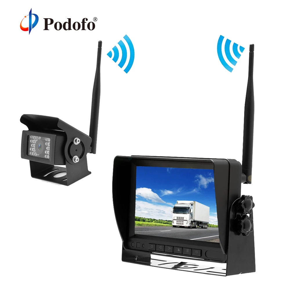 

Podofo 7 Inch Digital Wireless Reversing Monitor Waterproof 28 IR Rear View Backup Camera System for Bus Trailer RV Farm Machine