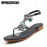Diamond Thong Rhinestone Gladiator Sandals Bohemia Women Nice Flat Shoes T Strap Silver Bridal Black Crystal Elegant Jewel Bling