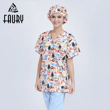 Женский медсестер Униформа доктора стоматологической хирургии набор инструментов для медицинской обработки печати Топы Брюки шляпы Farmacia красота униформа для салона хлопчатобумажная одежда