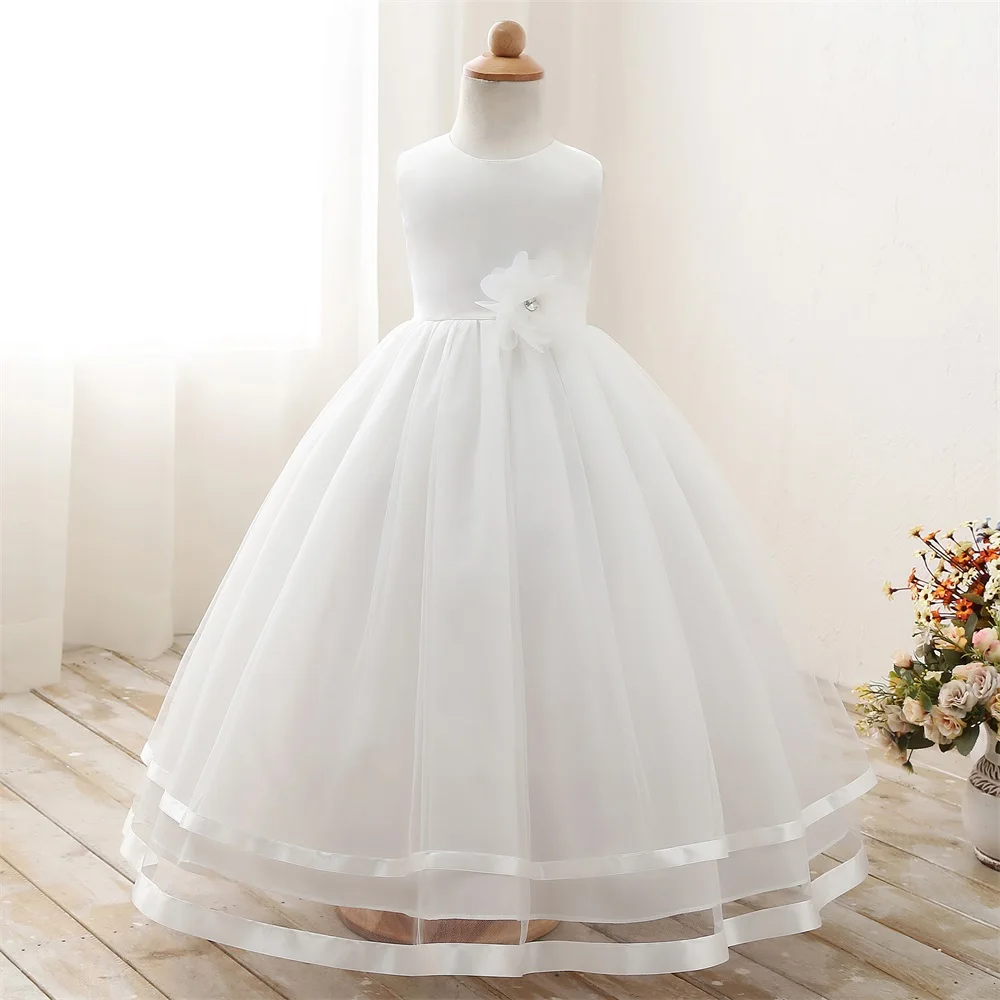 Kids Wedding Gowns White Tulle Long High Waist Party Dress ...