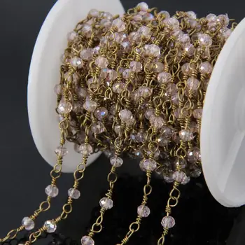 

5Meter Light Pink Glass Crystal Faceted Rondelle links Chains,Brass Plated Wire Wrapped Rosary Chain small loop necklace 3x4mm