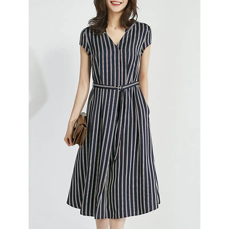 

Summer Elegant Office Ladies Plus Size Korean Women Midi Dresses High Waist Stripe Belt Japan 2019 Female Vintage 90s Girl Dress