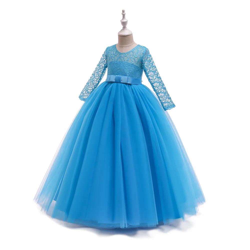 Праздничное платье для девочек детские длинные кружевные рукава Макси Тюль вечерние свадебное платье отец и дочь Бальные платья - Цвет: blue