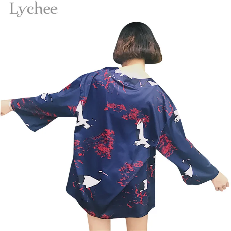 Lychee Harajuku Autumn Women Japanese Kimono Crane Printed Long Sleeve