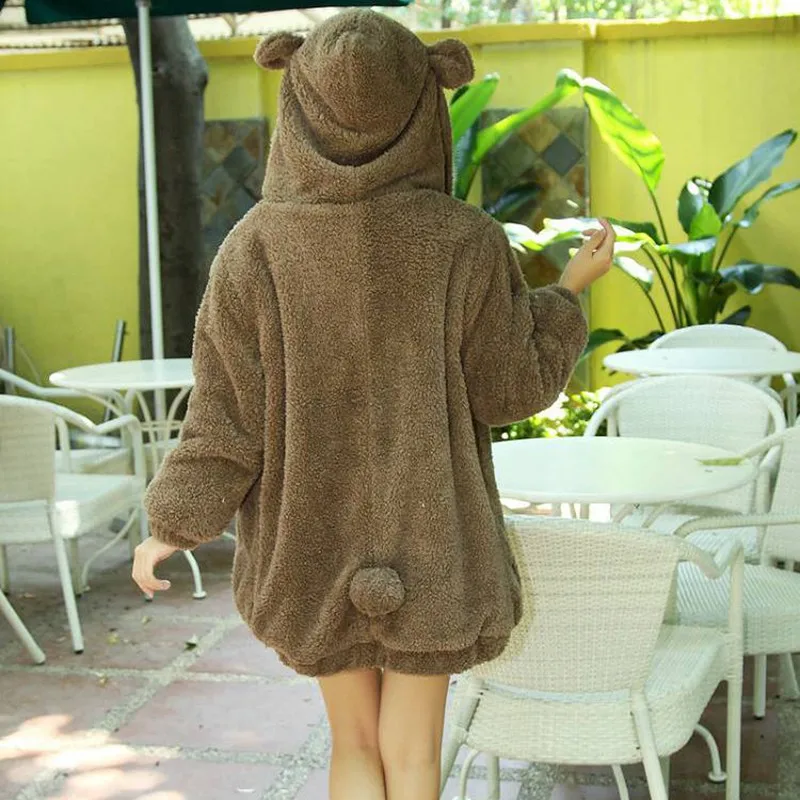 

Women Warm Loose Fluffy Bear Ear Hoodies Jackets Winter Outerwear Coat Ladies Hooded Casual Zipper