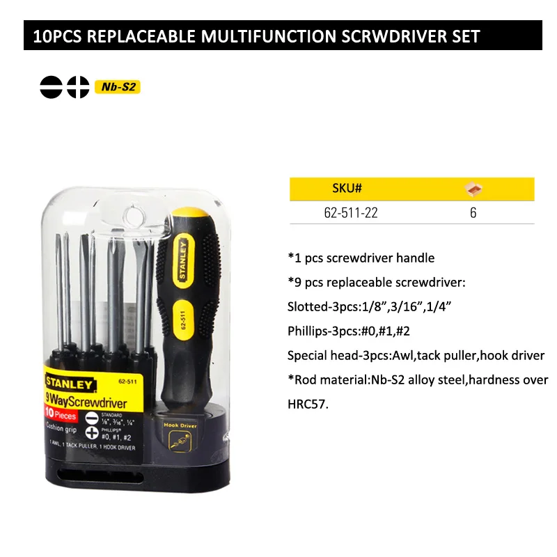 62-511-22 10pcs replaceable head combination screwdriver set size