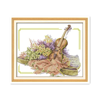

Flowers violin handmade cross stitch suite 11CT 14CT sewing needlework kits music classroom school wall decorative painting