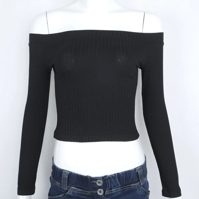 Женский вязаный свитер в рубчик с открытыми плечами, укороченный топ с длинным рукавом, пуловер, женские свитера, весна-осень, тонкий женский джемпер - Цвет: Черный